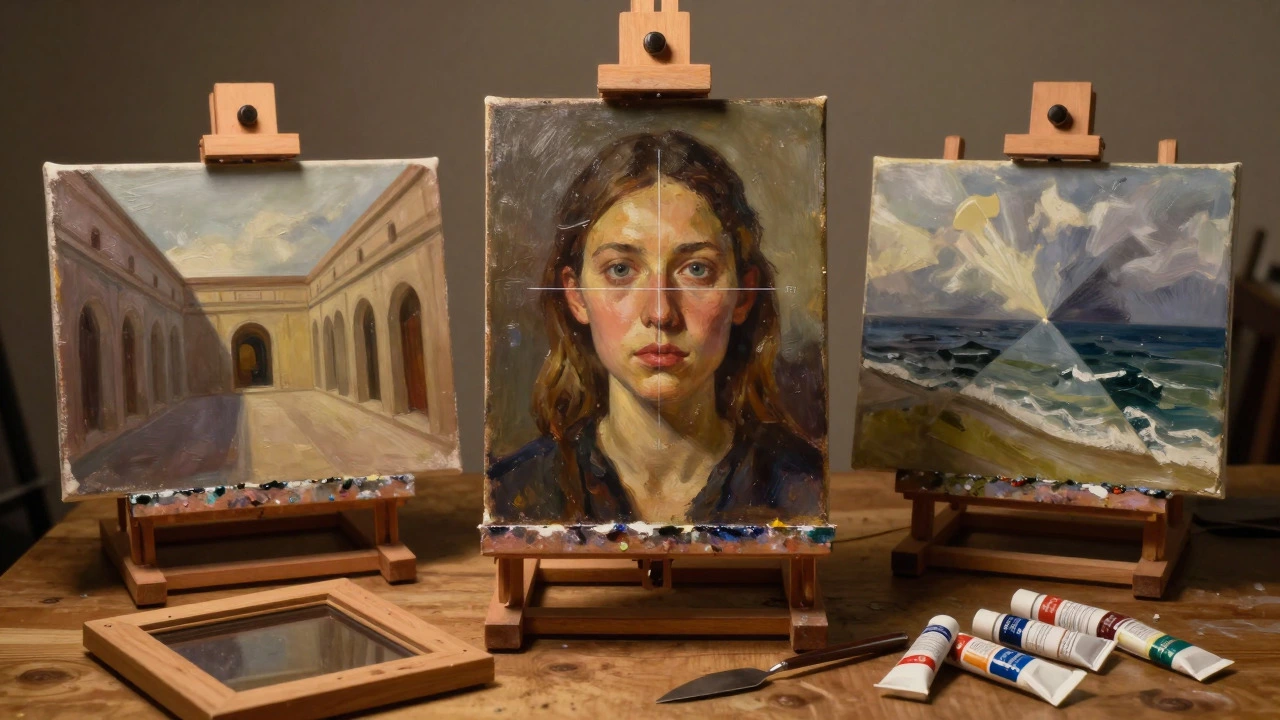 Oil paintings demonstrating various compositional techniques