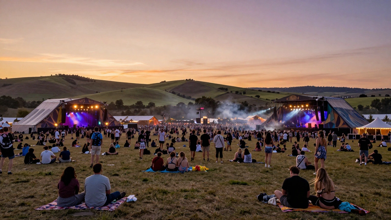 Outdoor music festival field at sunset with multiple stages and crowds