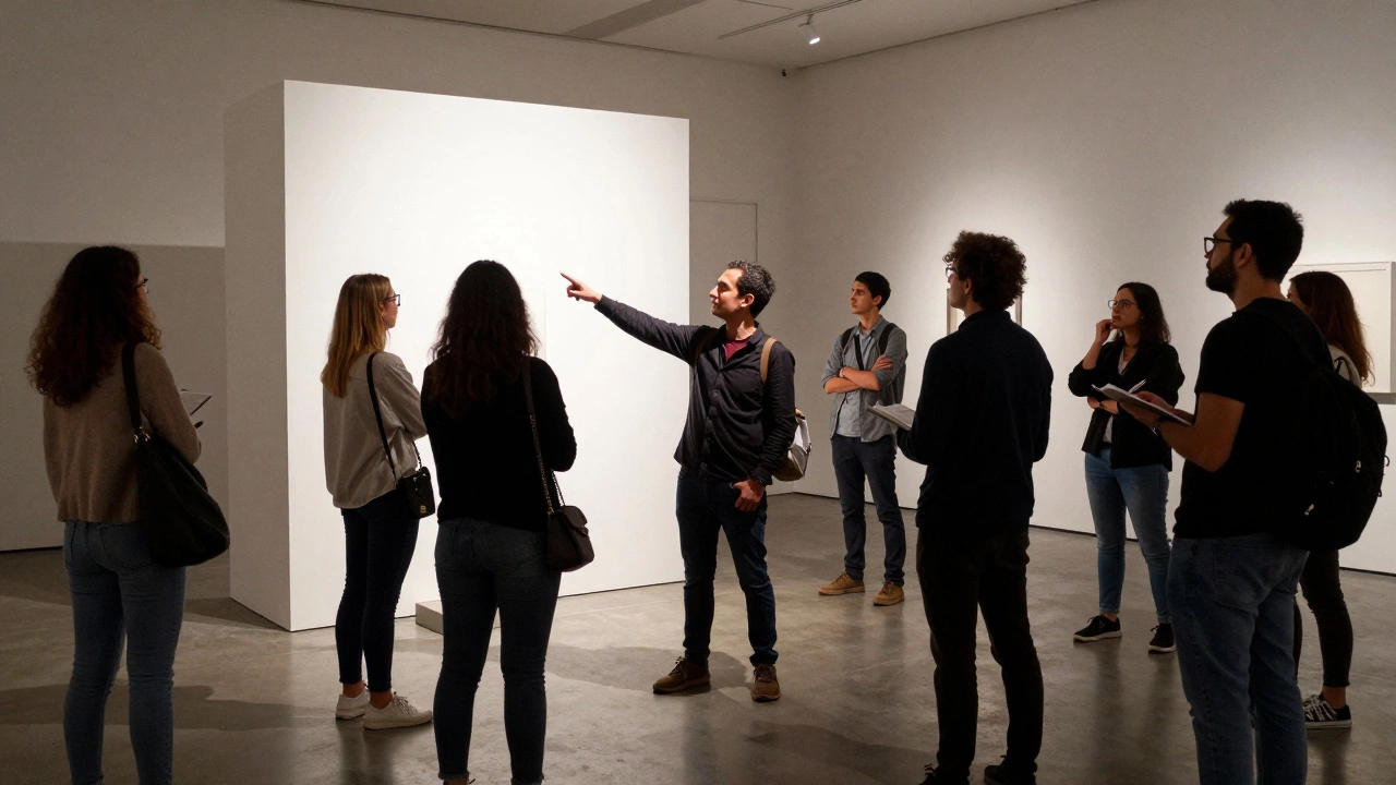 Visitors actively discussing and analyzing a conceptual installation in a modern gallery