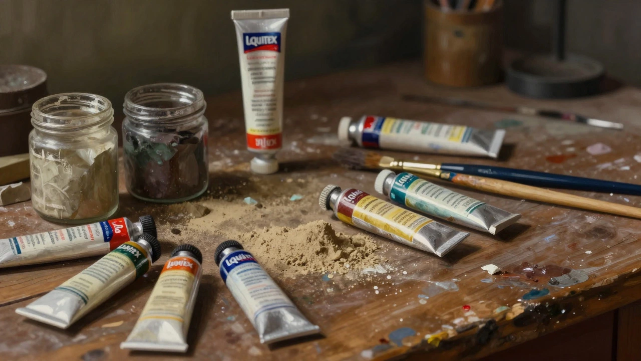 Artist table with oil paints, sand, and a lone acrylic tube
