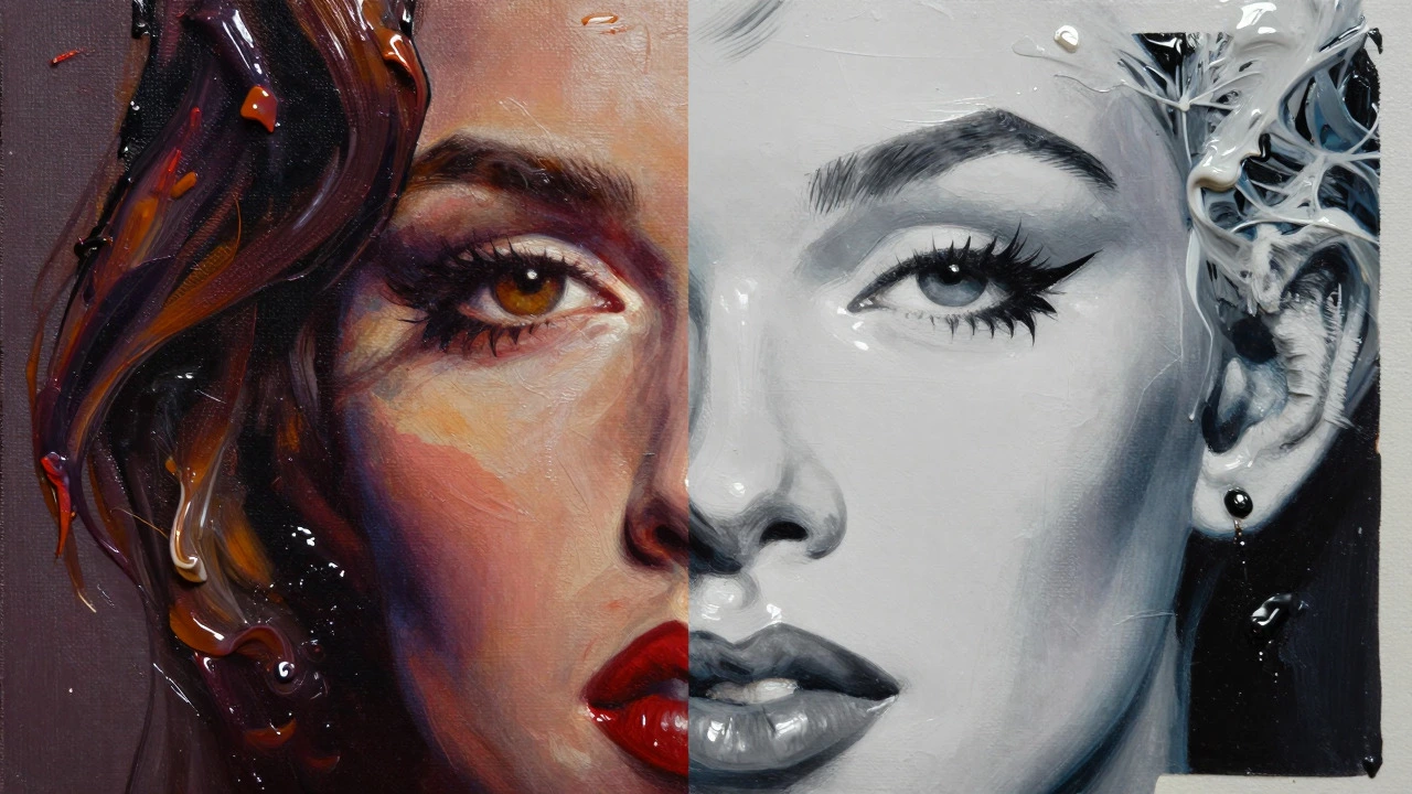 Close-up comparison of glossy oil paint vs flat acrylic texture
