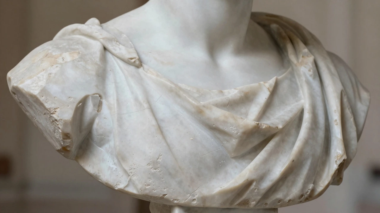 Close-up of a marble bust contrasting smooth polished skin with rough chiseled stone