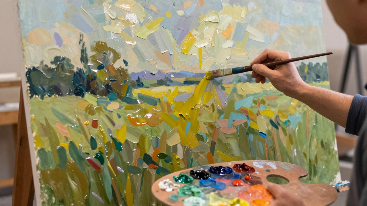 Close-up of an artist applying thick oil paint strokes to a canvas during the painting phase