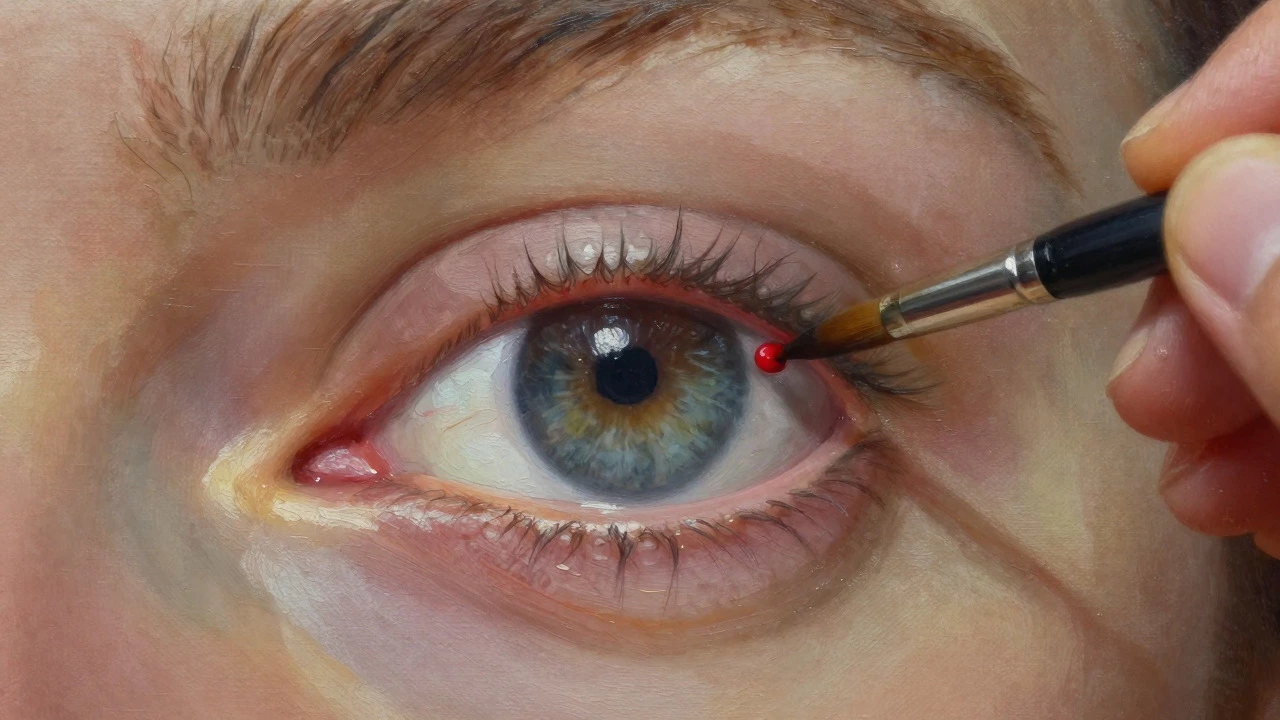Close-up of fine brush applying oil paint to a hyper-realistic eye on canvas