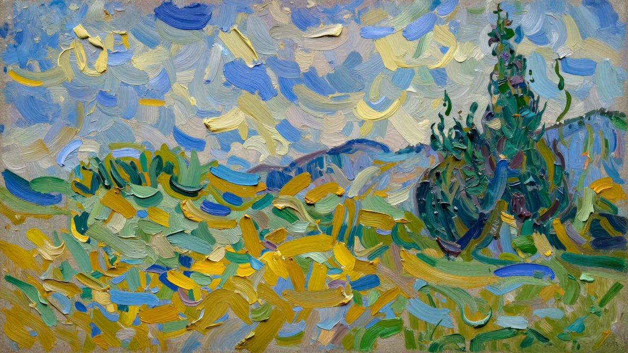Close-up of thick, textured oil paint strokes in vibrant blue and yellow hues