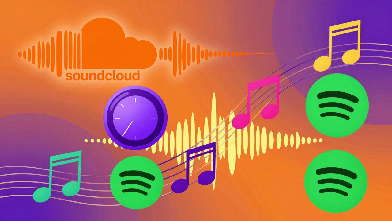Colorful collage of SoundCloud, Pandora, and Spotify music icons