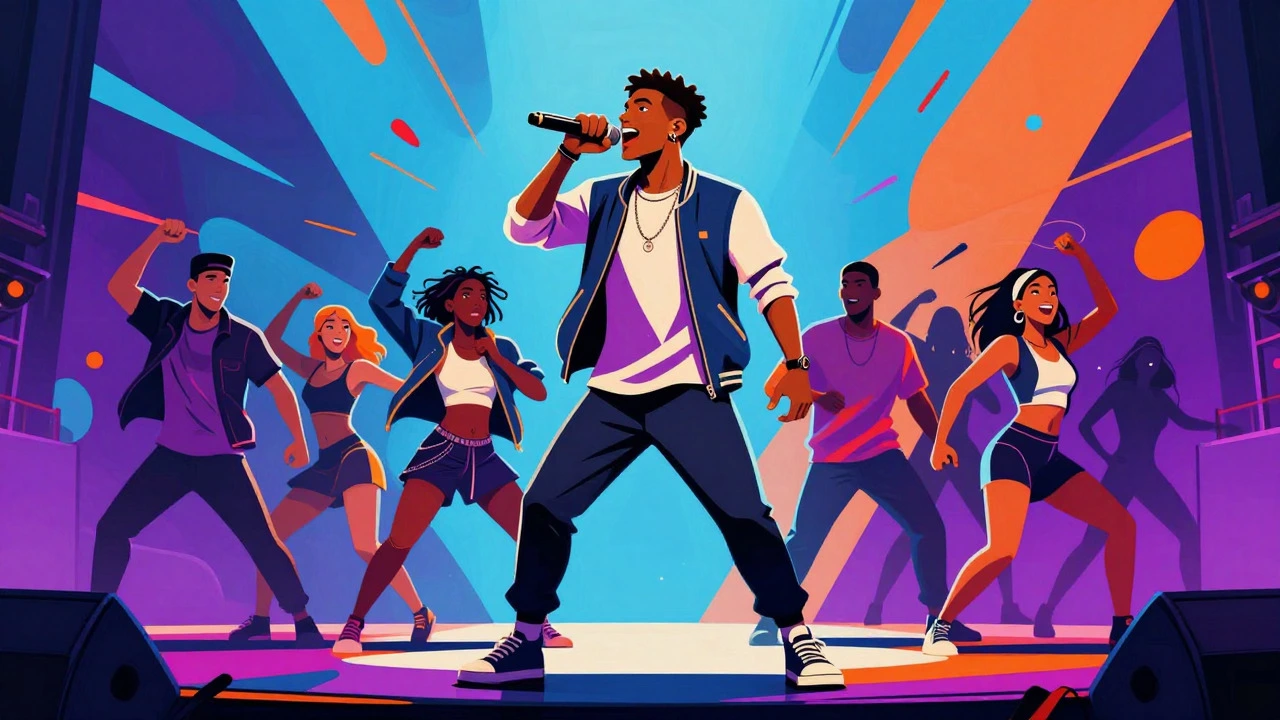 Comic book style illustration of a hip-hop musical cast on stage
