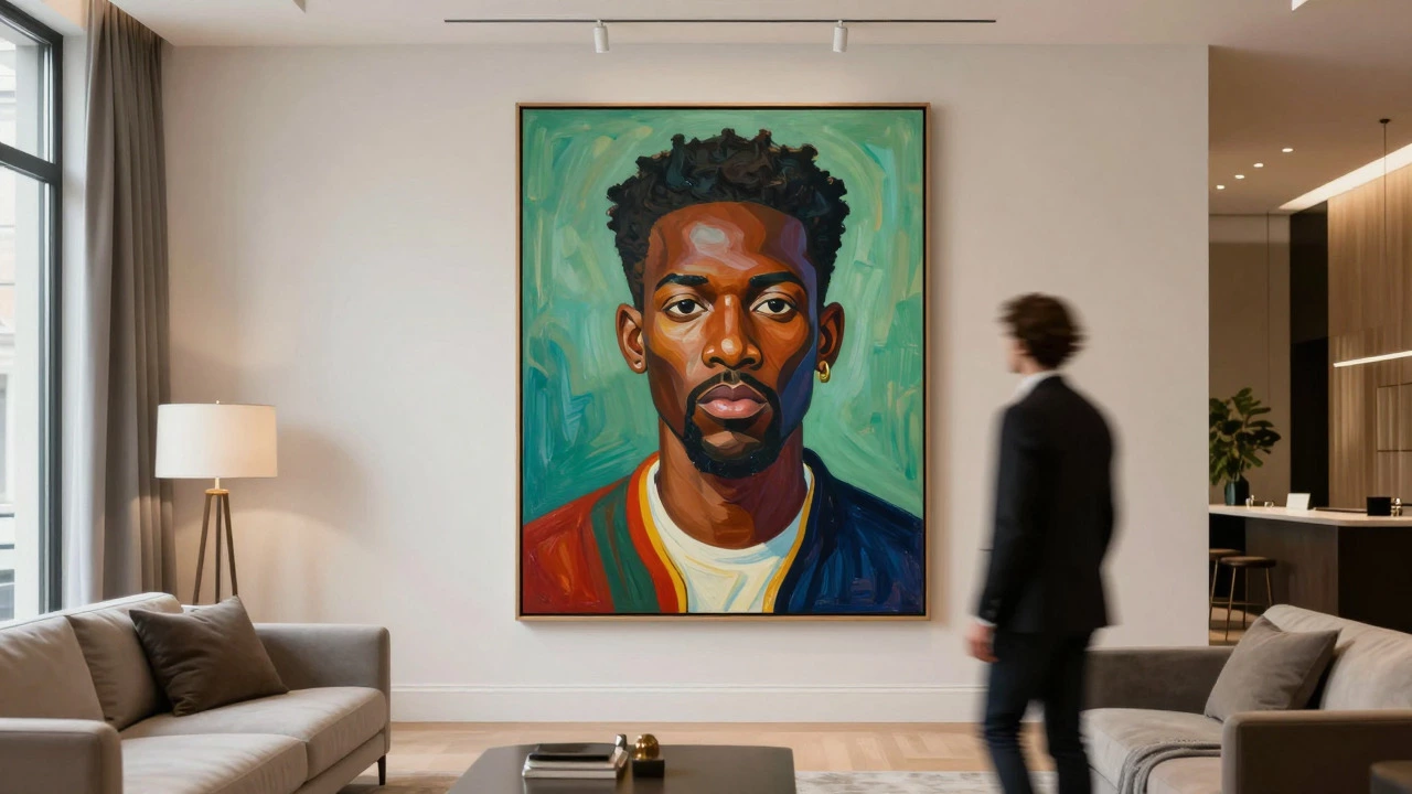 Contemporary stylized portrait hanging in an elegant modern interior space