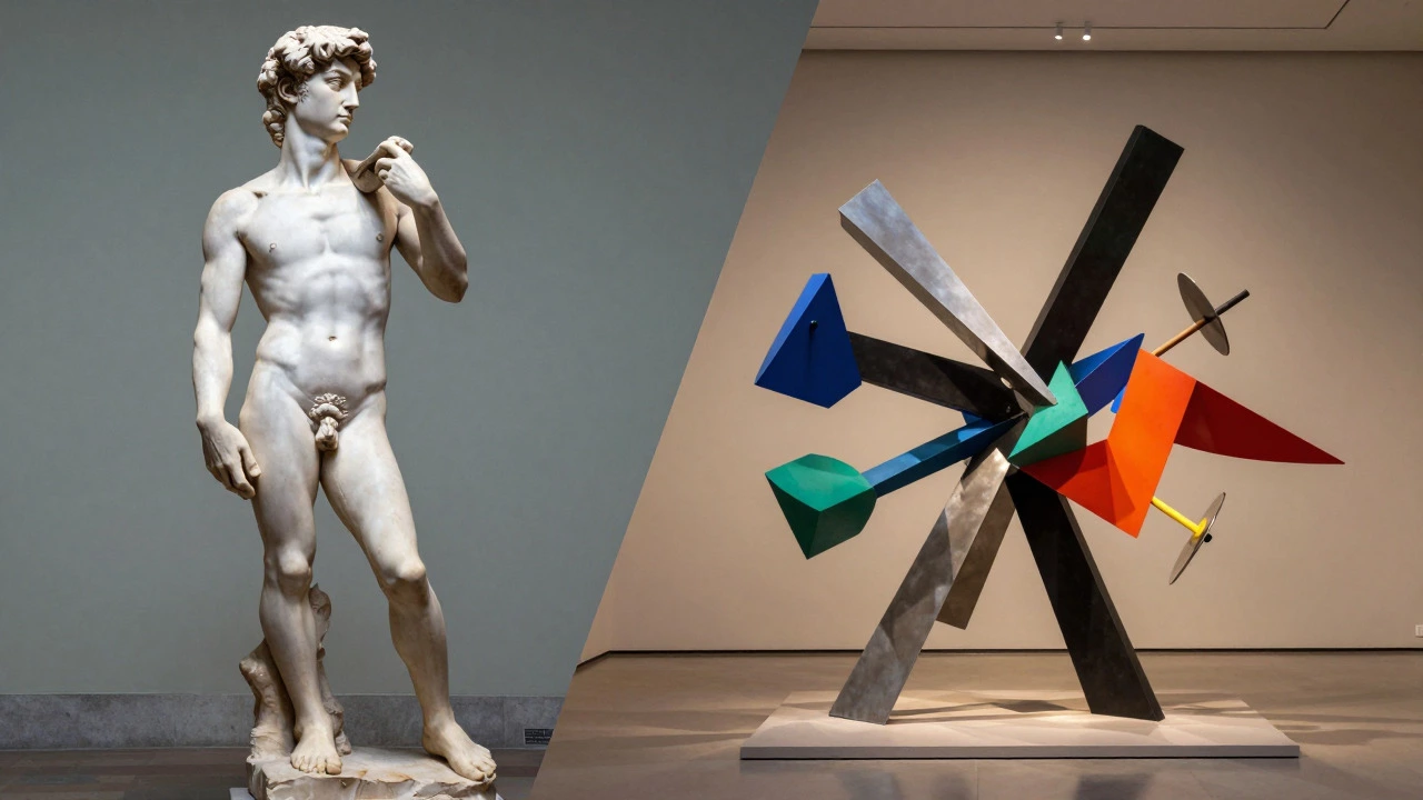 Contrast between classical marble statue and modern abstract sculpture