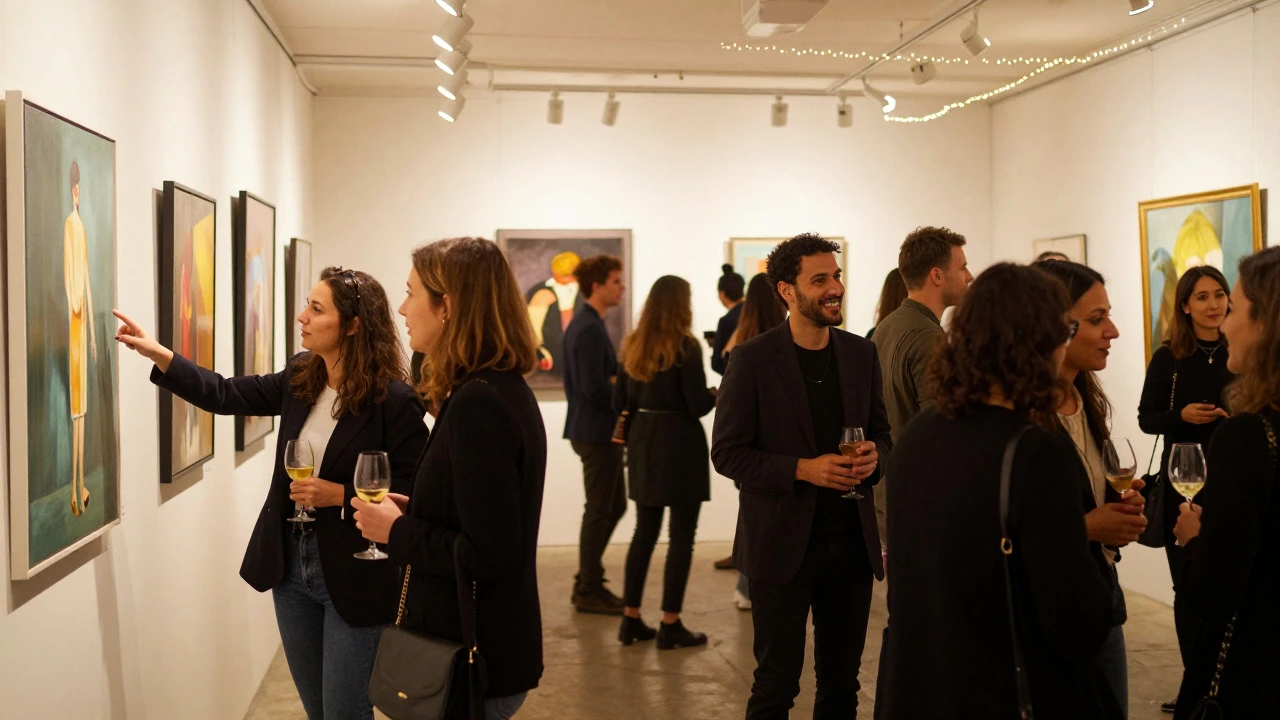 Crowd mingling and discussing art at a lively gallery opening night