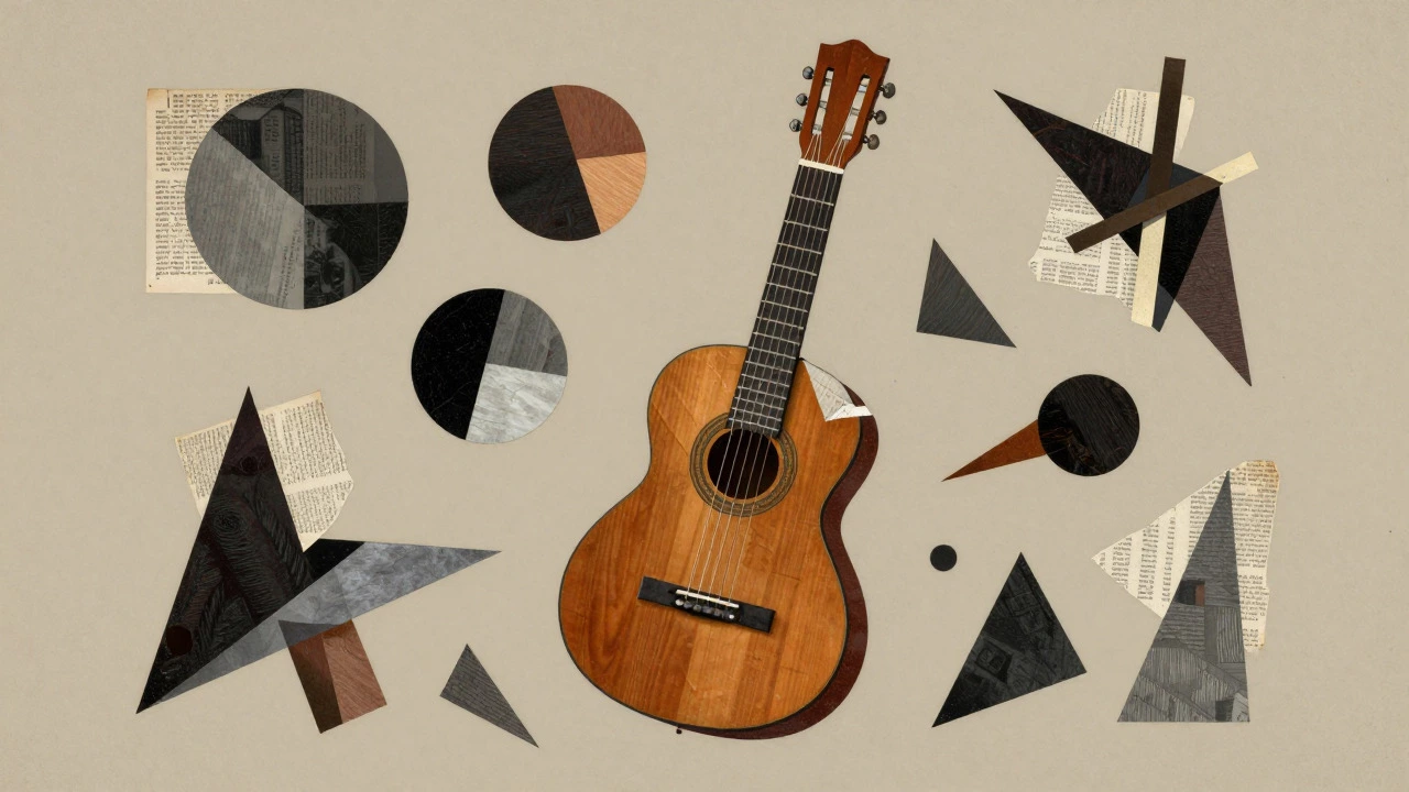 Cubist style illustration of a fragmented guitar made of geometric shapes