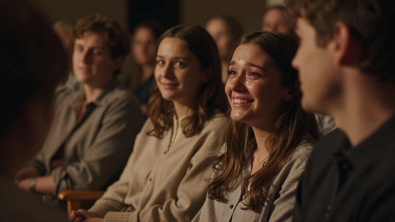 Emotional audience member watching a play in a small theater