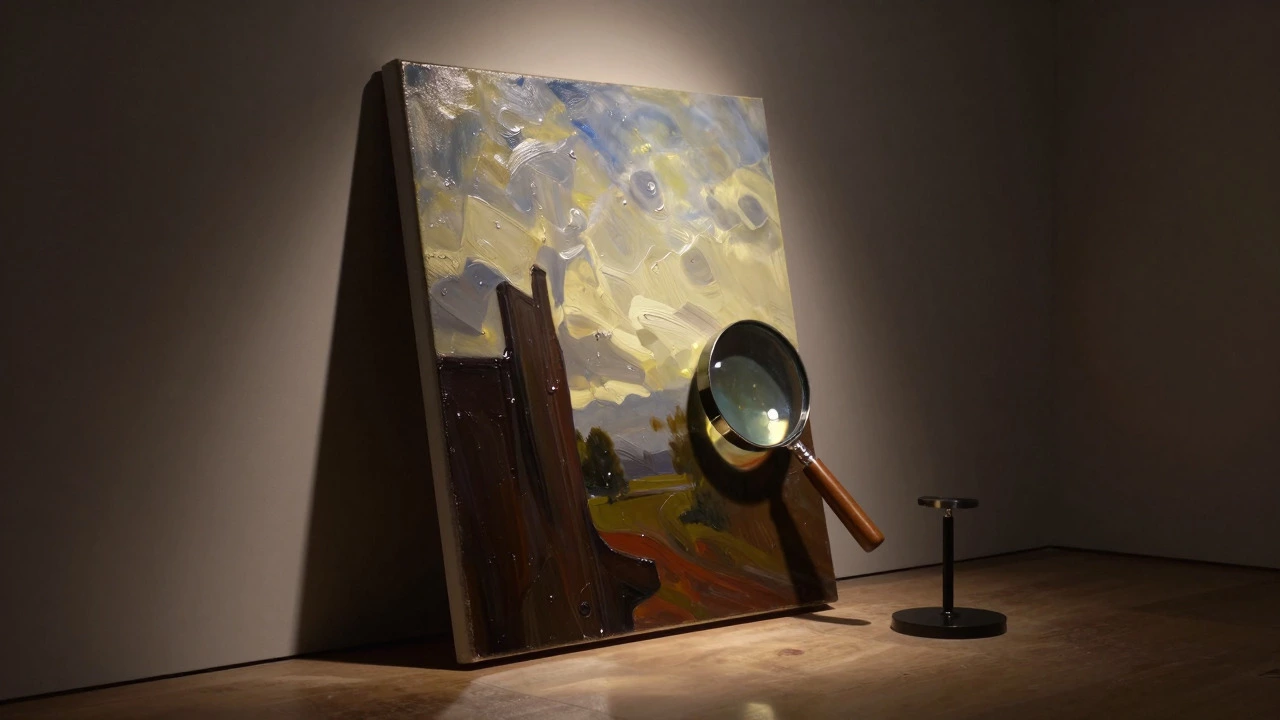 Finished oil painting illuminated by a spotlight, showcasing polished details and glazes