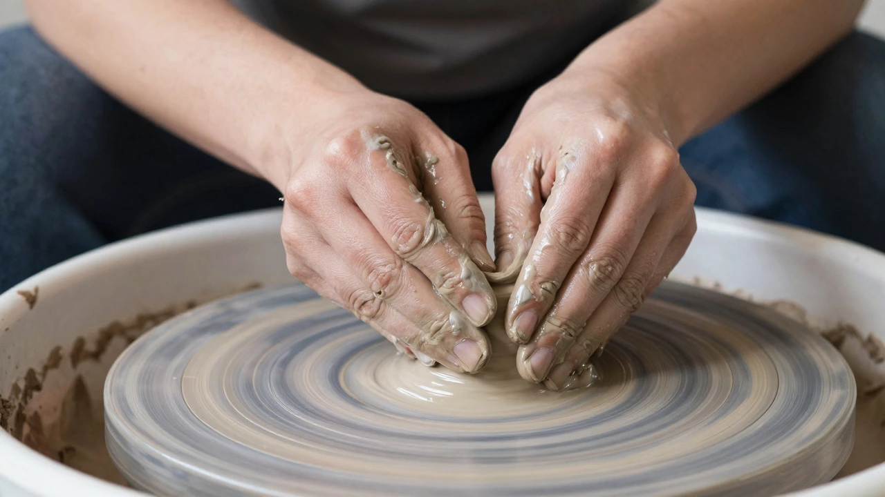 Hands shaping wet clay on a sculpting wheel