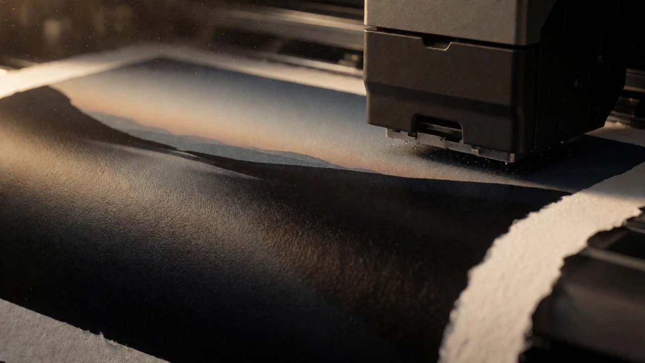 Inkjet printer spraying pigment ink on textured cotton paper