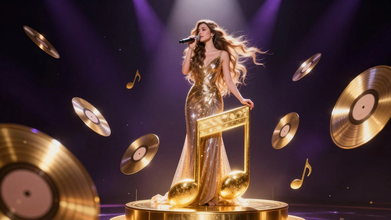 Mariah Carey standing on a golden podium surrounded by glowing records
