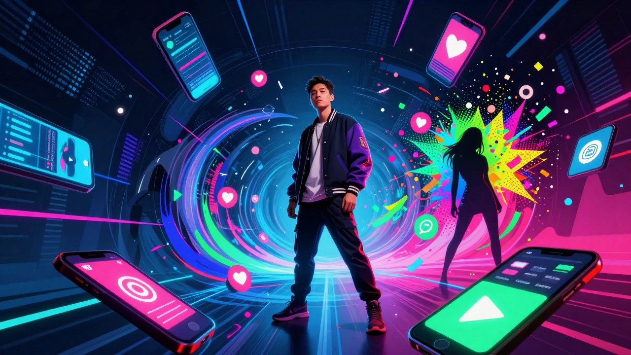 Modern artists Drake and Rihanna amidst digital data streams and neon lights