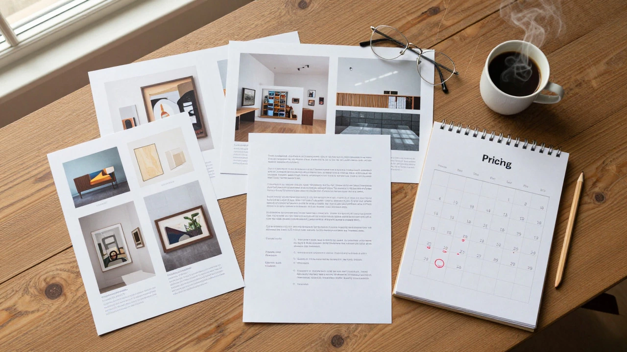 Overhead view of exhibition planning documents, photos, and calendar on a desk