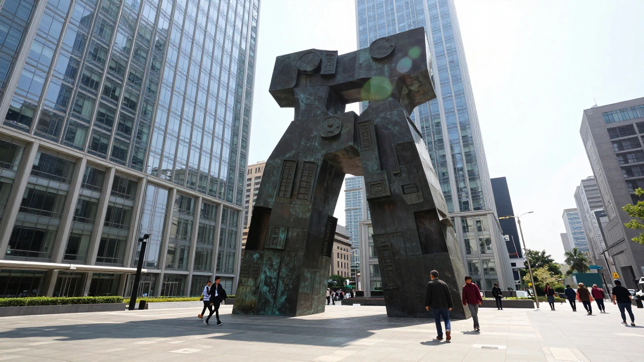 Oversized bronze statue in a city square dwarfing pedestrians to show scale