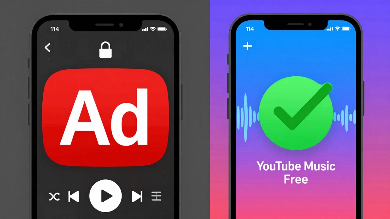 Split screen showing limited free music app vs premium features