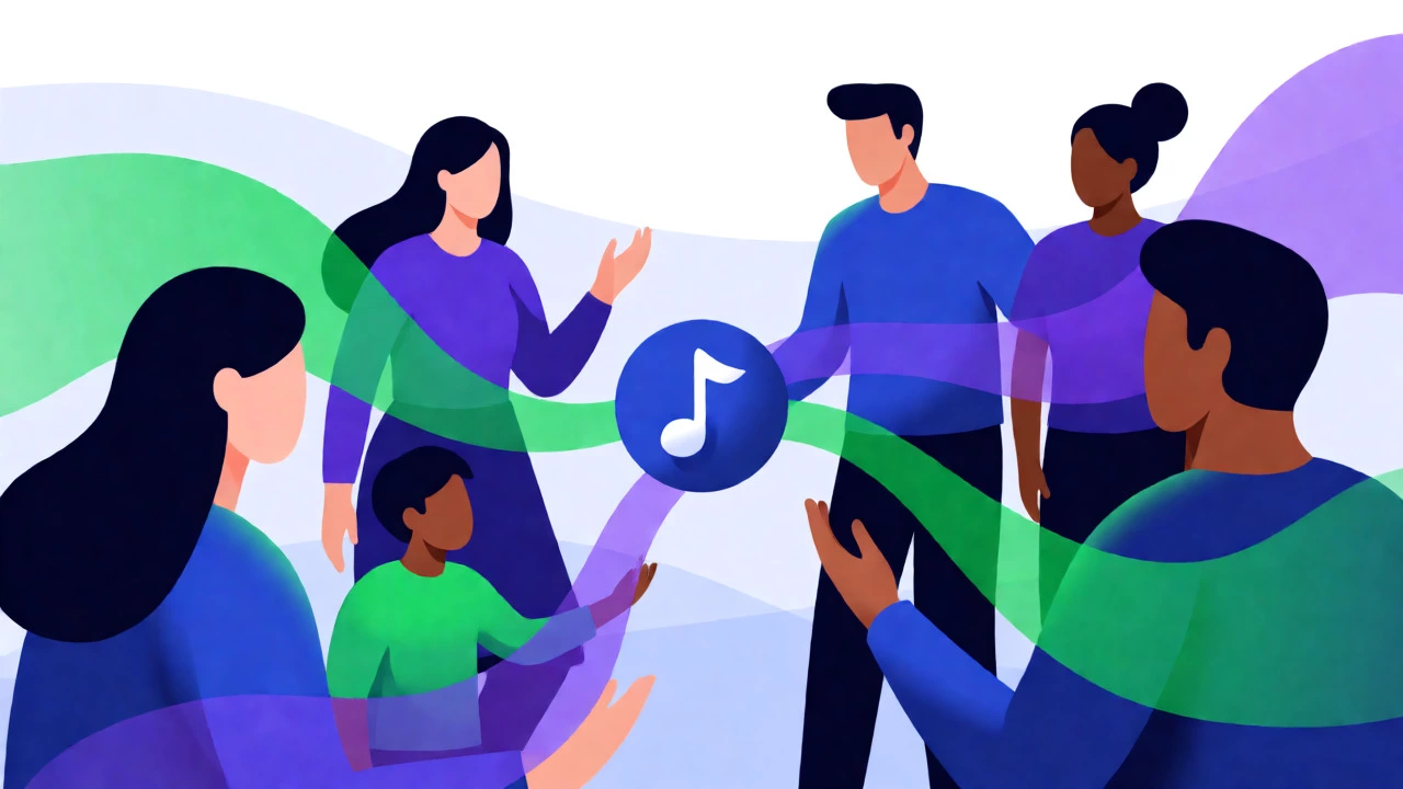Stylized illustration of six people connected by colorful sound waves, representing a shared family plan.