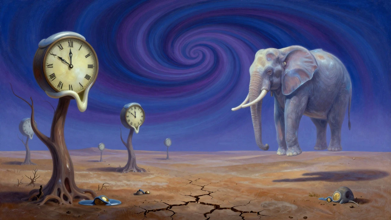 Surrealist landscape with melting clocks and floating elephants in a dreamlike sky