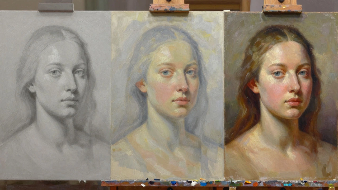 Three-stage oil painting showing grisaille underpainting, glazing, and final details