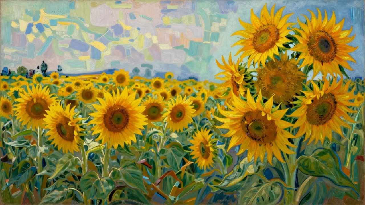 Visual transition from a realistic sunflower field to an expressive, colorful abstract style