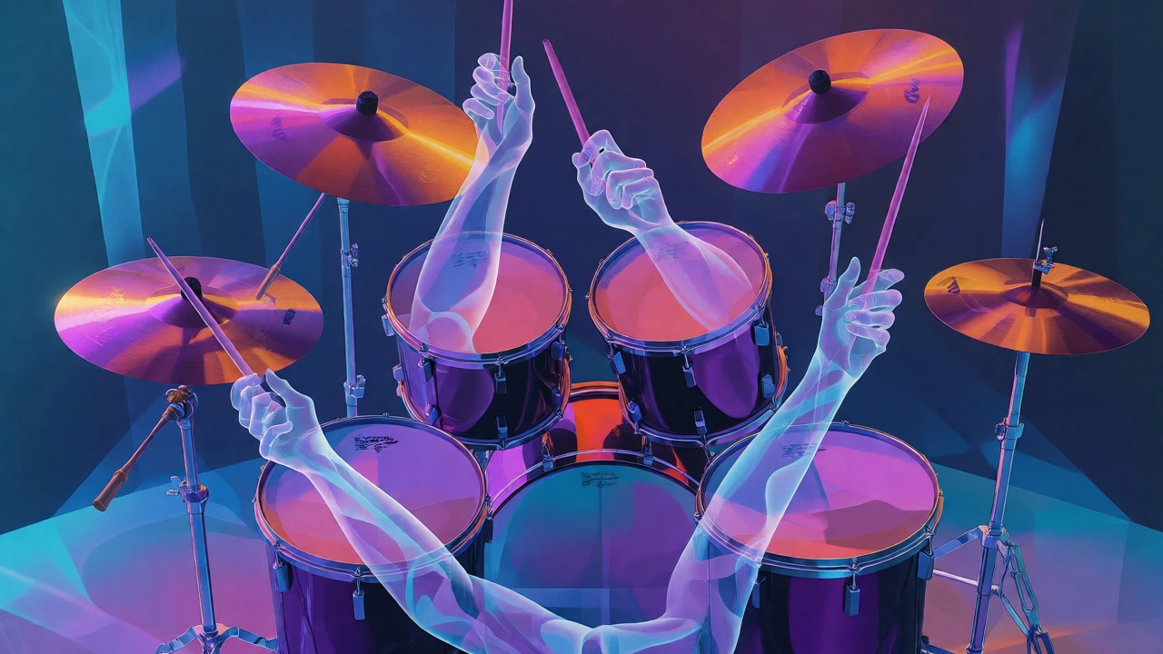 Abstract visualization of drummers' limbs playing independent polyrhythmic patterns.