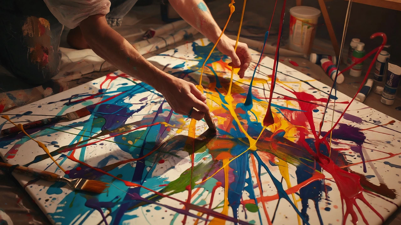 Artist's hands dripping paint onto a canvas using abstract expressionist techniques