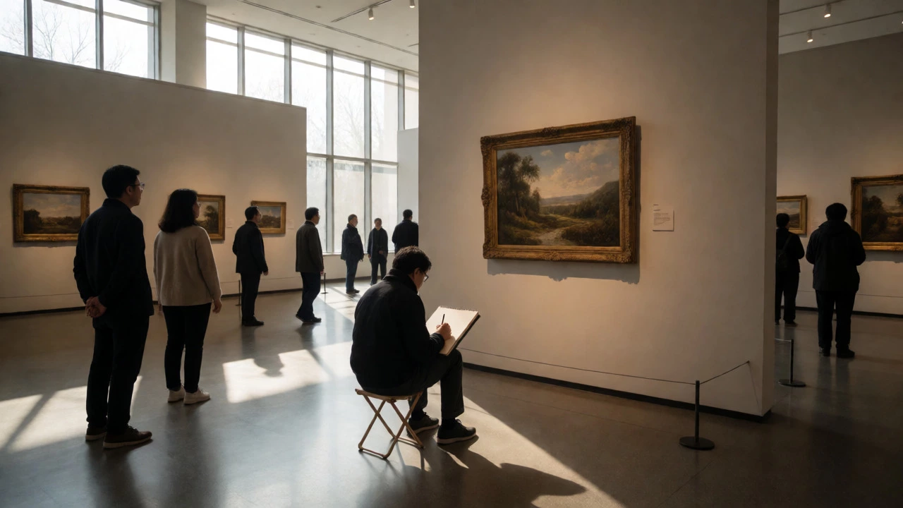 Artist sitting on a small stool sketching in a museum without blocking others' views