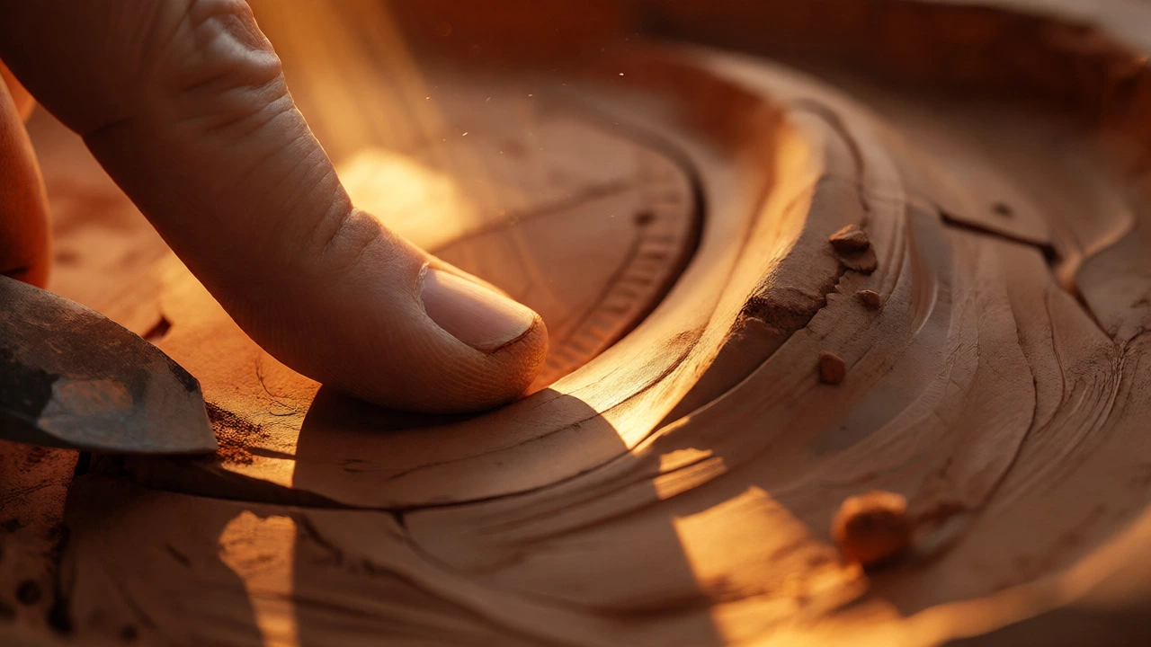 Close-up of a thumb shaping smooth clay, highlighted by warm light.