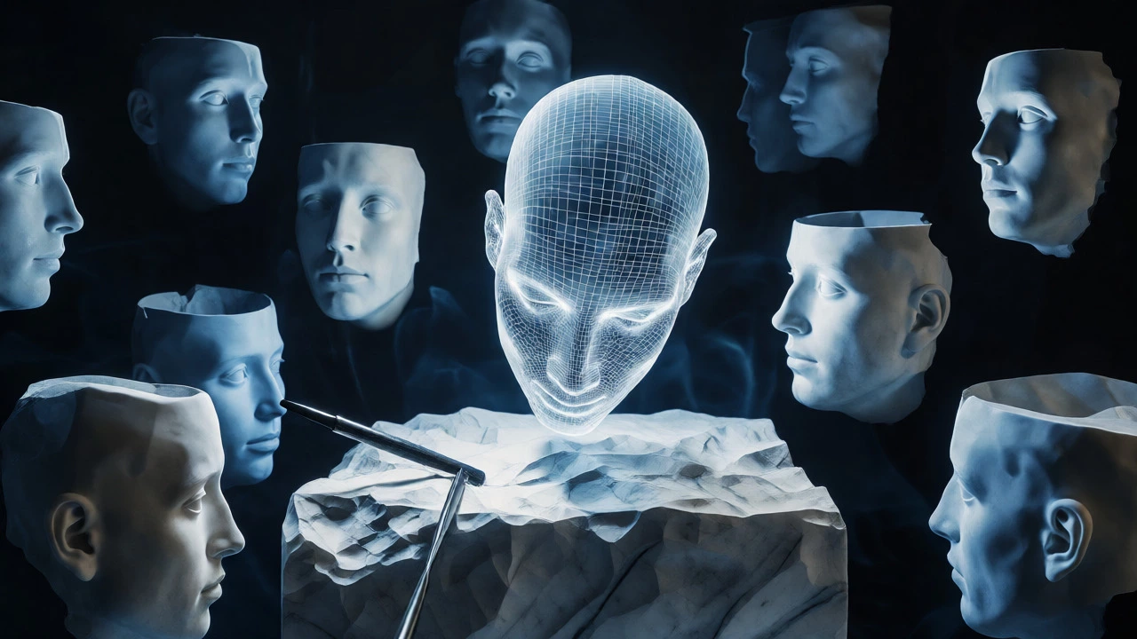 Conceptual art showing a wireframe head surrounded by fragmented 3D views.