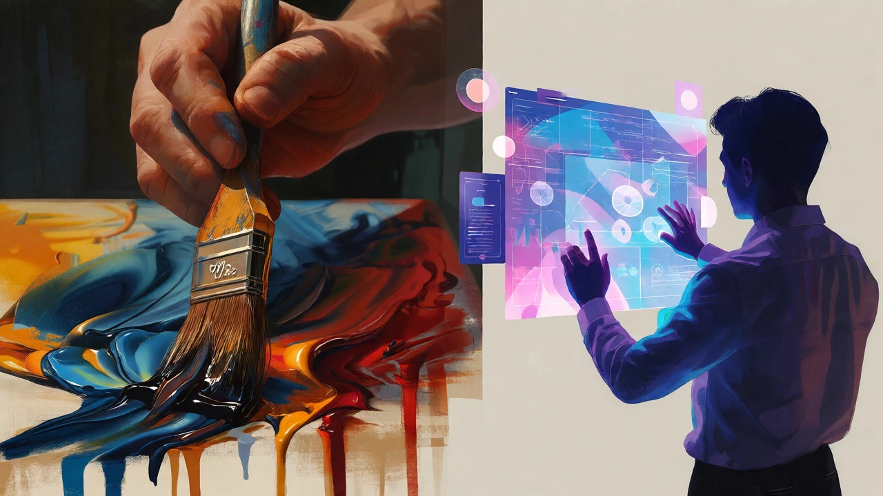 Conceptual art showing hand-painted oil textures versus digital holographic interfaces representing different eras.