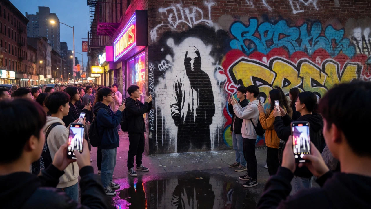 Crowd photographing a street mural at night, highlighting viral social media fame.