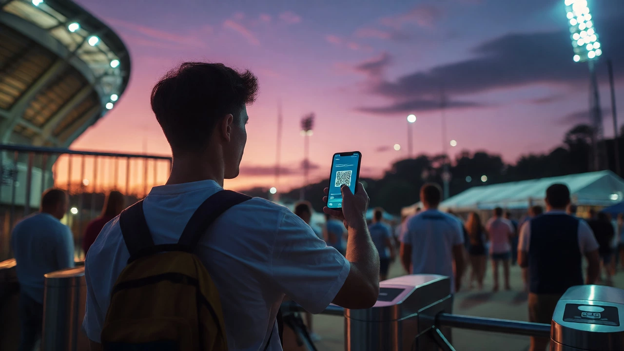 Fan using a smartphone to scan a digital ticket at a stadium entrance under evening lights.