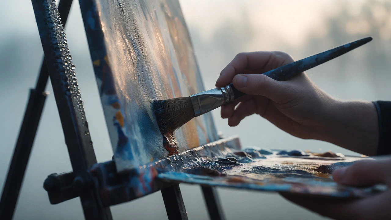 Hands painting in foggy humidity with condensation on easel