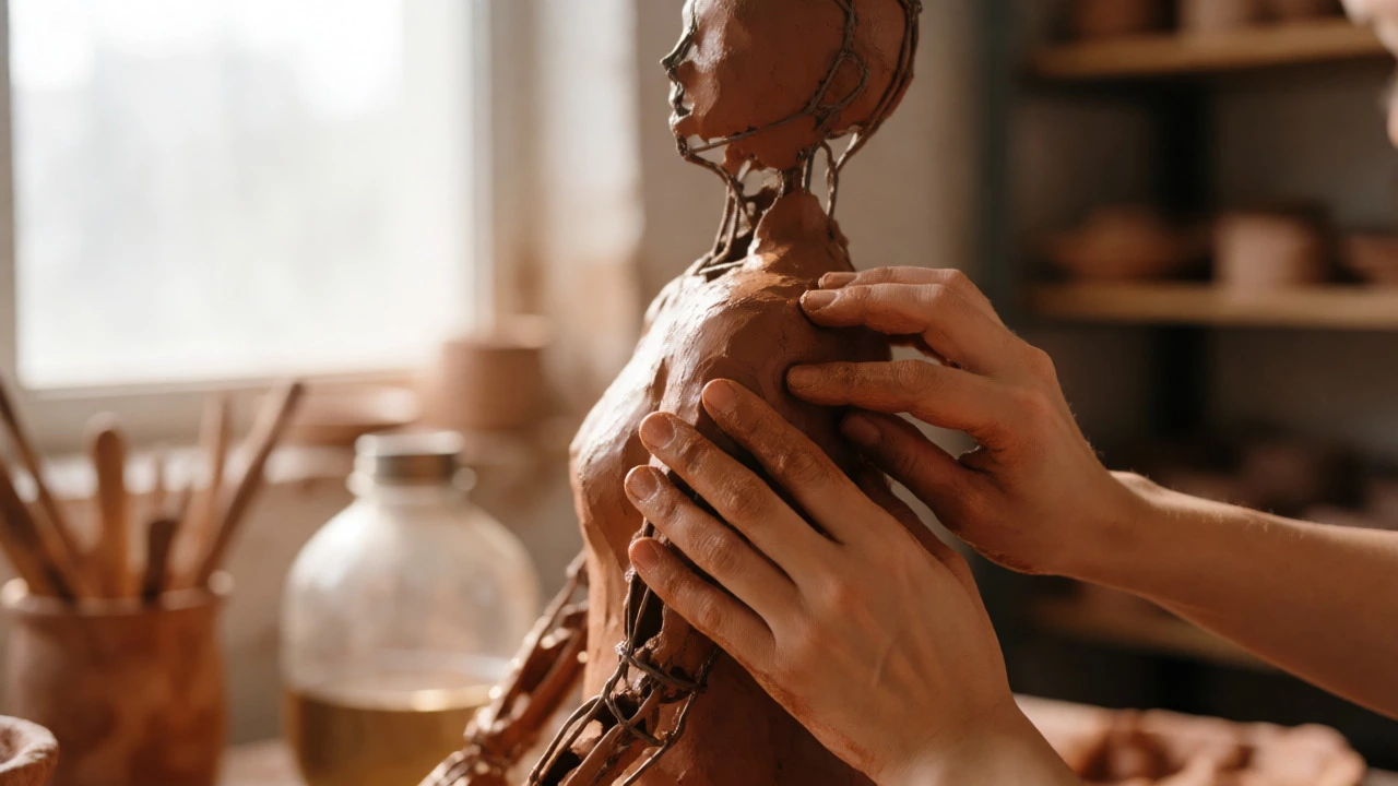 Hands shaping wet clay around a wire armature in a studio