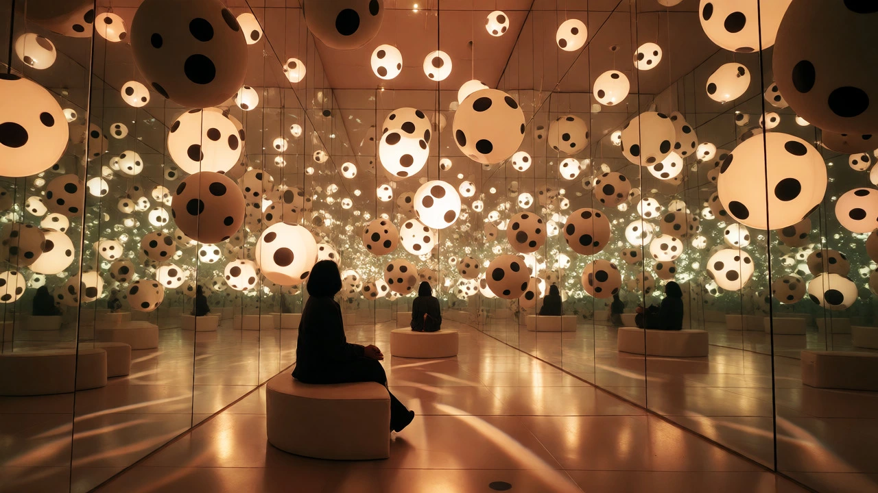 Immersive infinity room with mirrored walls and floating spheres, exploring infinite space.