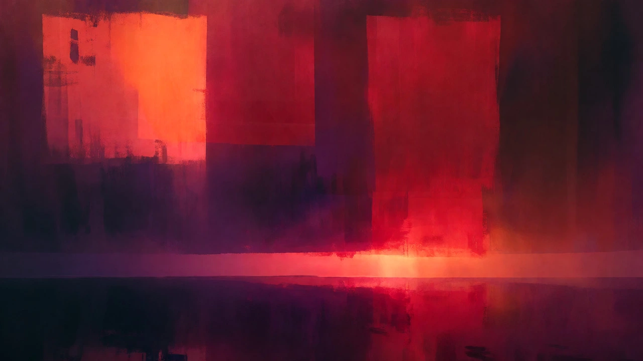 Large glowing color fields in red and purple evoking emotion in an abstract style
