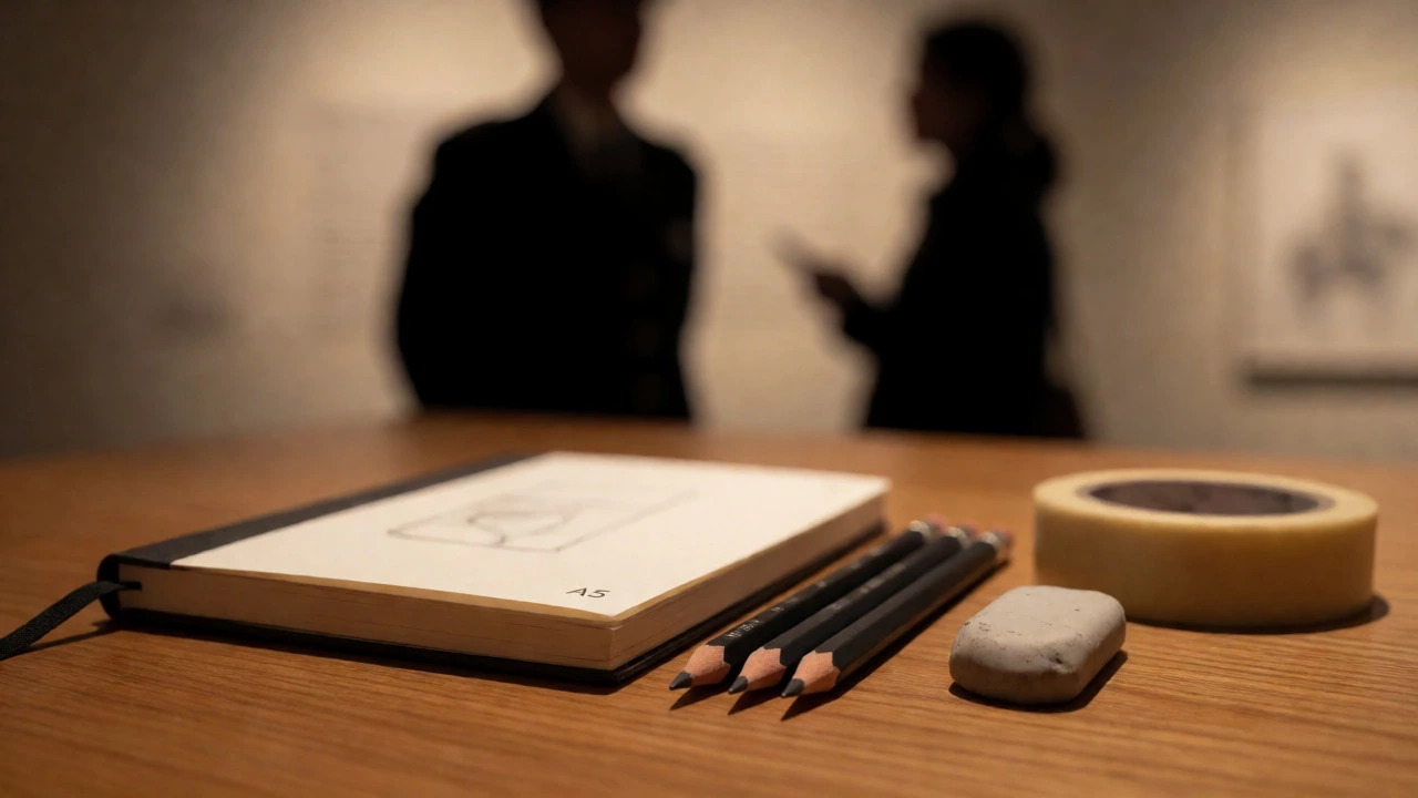 Minimal drawing kit with sketchbook, pencils, and eraser ready for a museum visit