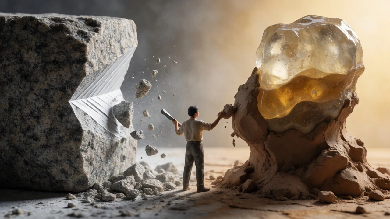 Split composition comparing stone carving and clay sculpting techniques