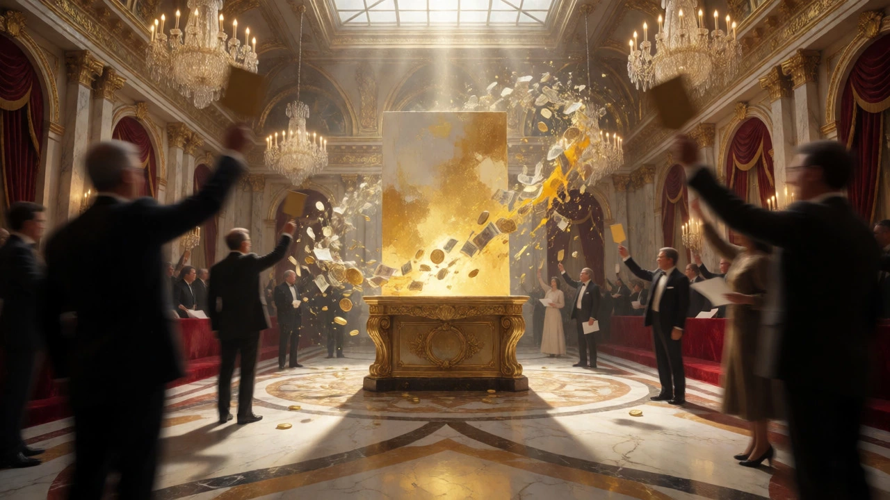 Surreal auction scene with a glowing canvas surrounded by swirling gold and bidders.