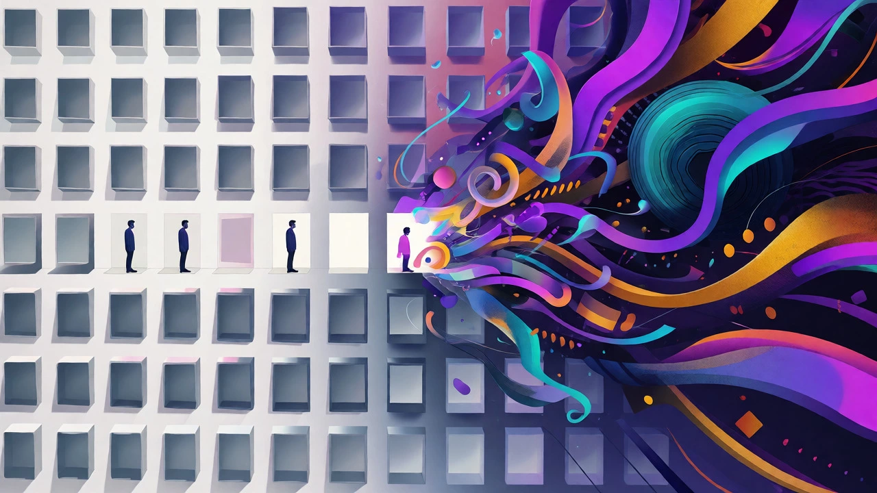 Surreal illustration showing transition from rigid templates to vibrant, abstract digital art forms.