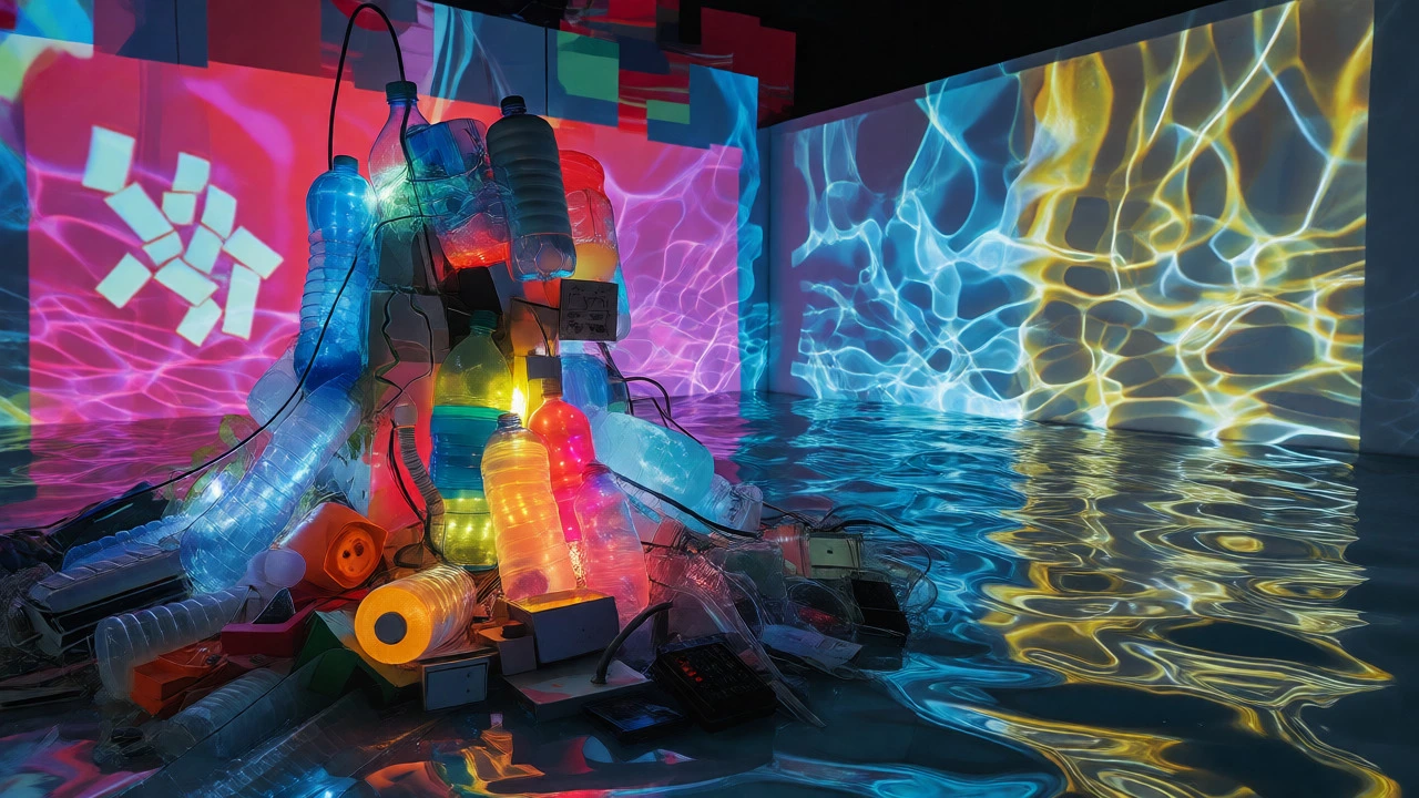 Vibrant mixed-media sculpture of plastic waste and neon lights, showcasing material chaos.