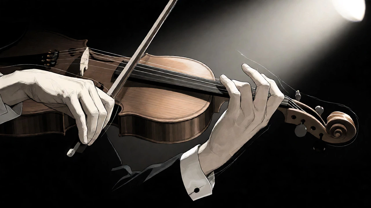 Violinist performing complex pizzicato and bowing techniques in a spotlight.