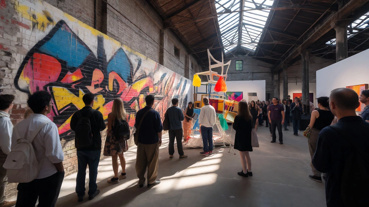 Visitors viewing street art murals and found-object sculptures in a bright, industrial contemporary art space.