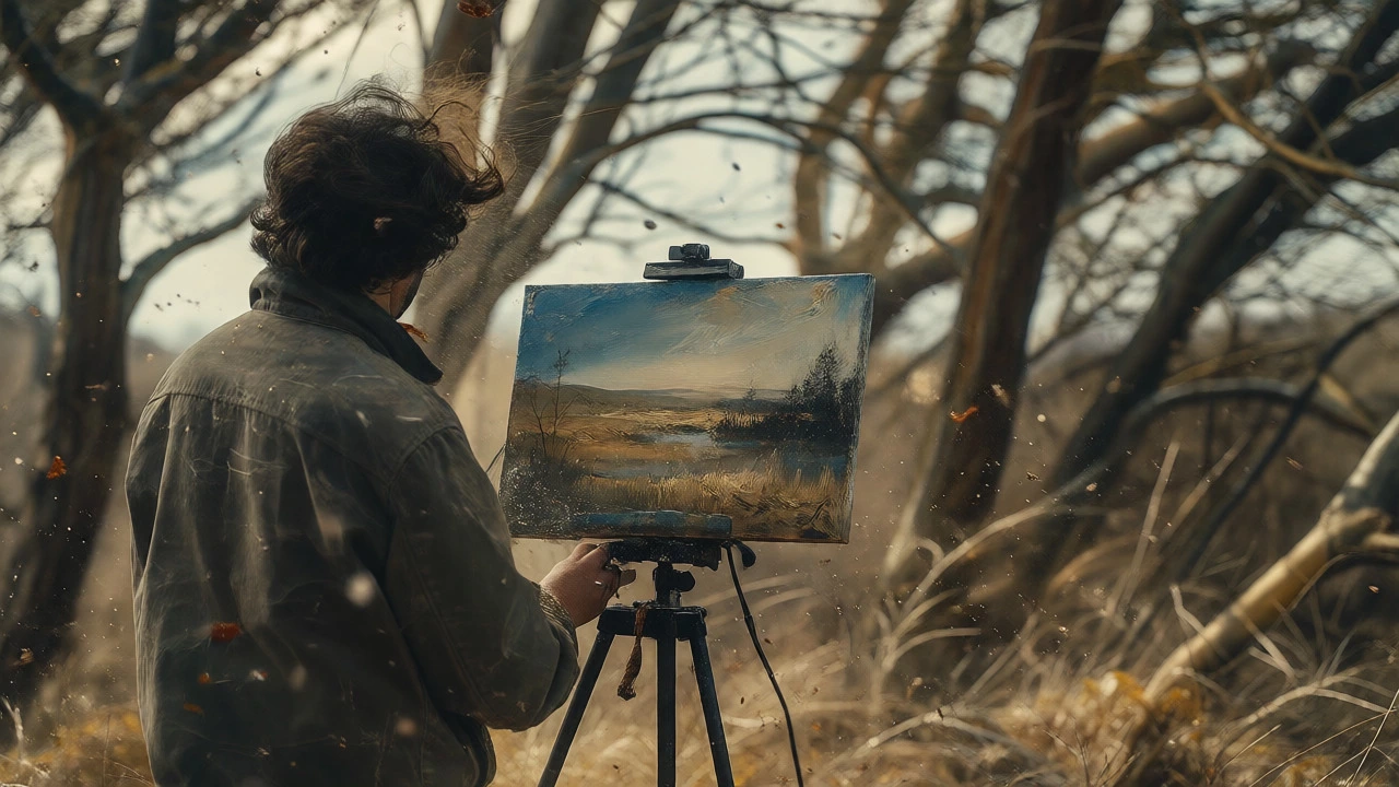Wind blowing debris onto wet canvas while easel tilts dangerously
