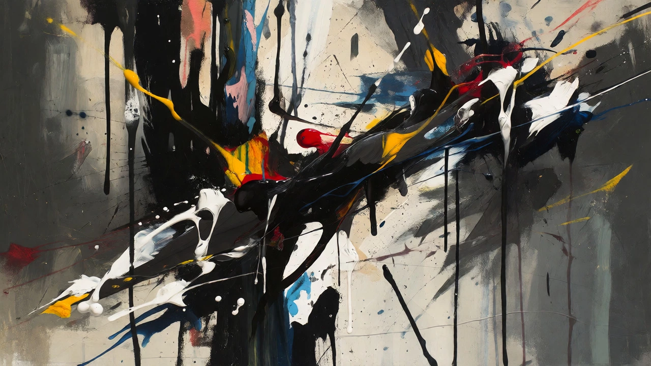 Abstract painting with energetic paint drips and splatters.