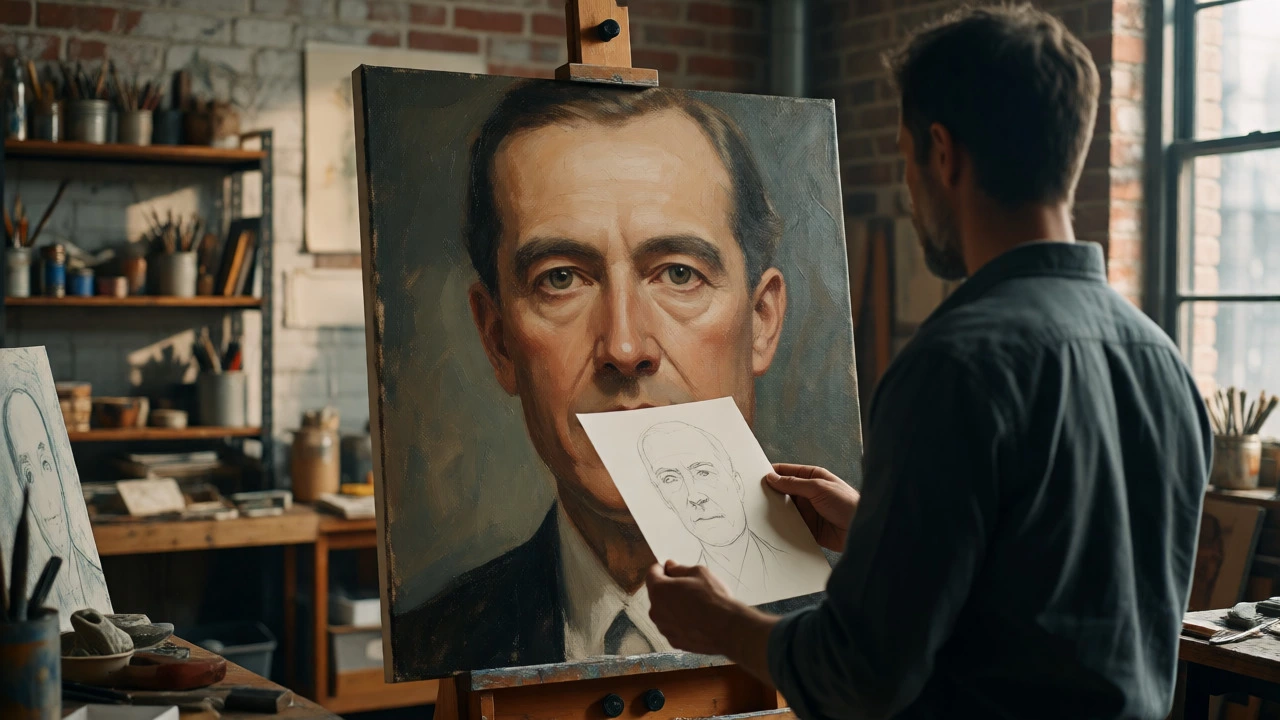 Artist reviewing a vertical portrait painting next to a thumbnail sketch